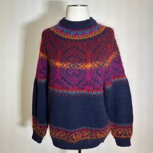 Vintage Le Moda Fair Isle Hand Loomed Wool Mohair Blend Sweater Womens Sz Medium